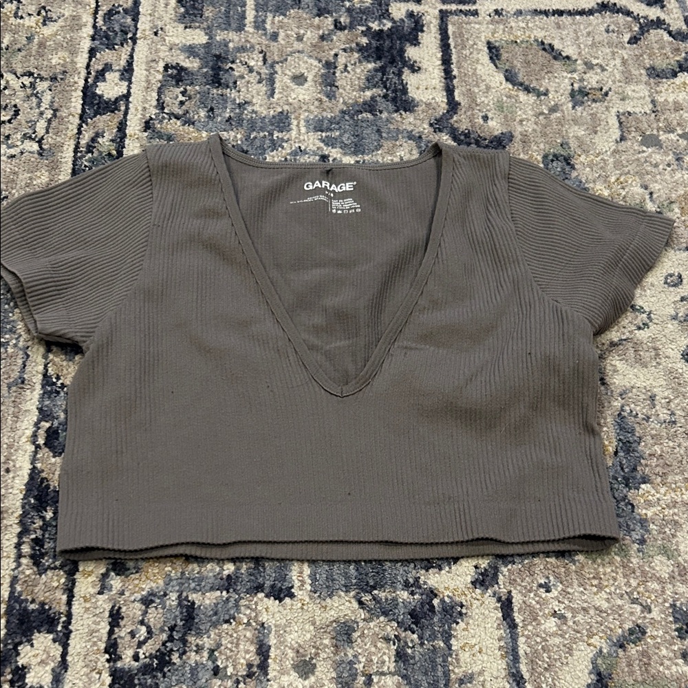 Garage Women's Charcoal Ribbed V-Neck Crop Top